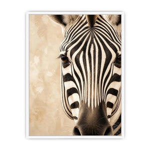 Elegant zebra wall art with dramatic black and ivory stripes, neutral beige tones, and sophisticated contemporary wildlife canvas artwork