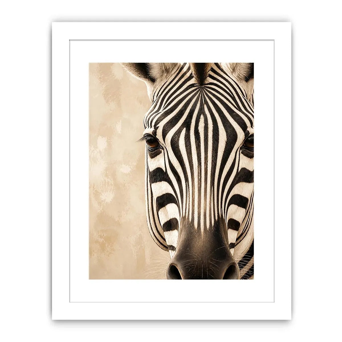 Elegant zebra wall art with dramatic black and ivory stripes, neutral beige tones, and sophisticated contemporary wildlife canvas artwork