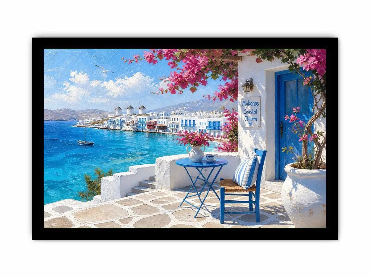 Mykonos coastal wall art with white Mediterranean architecture, turquoise ocean views, vibrant bougainvillea, and contemporary Greek island charm