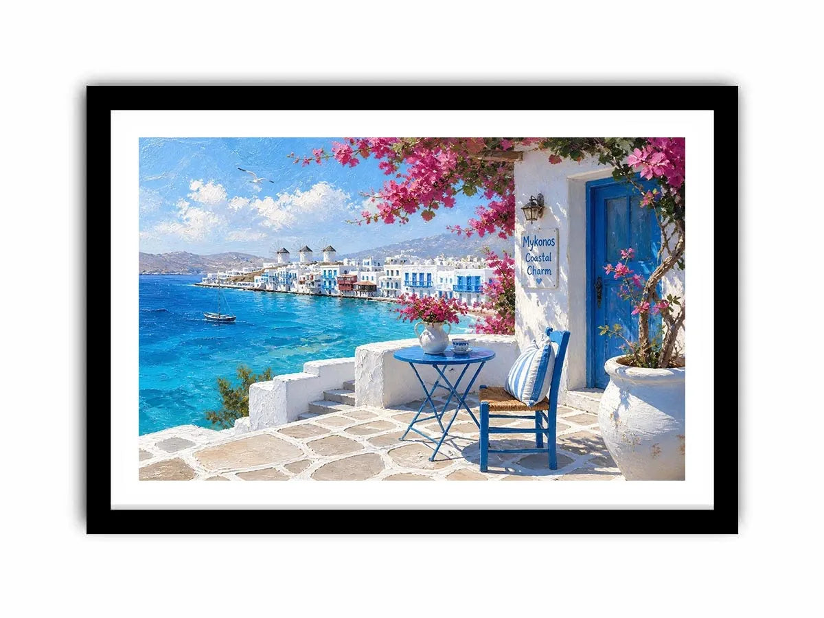 Mykonos coastal wall art with white Mediterranean architecture, turquoise ocean views, vibrant bougainvillea, and contemporary Greek island charm