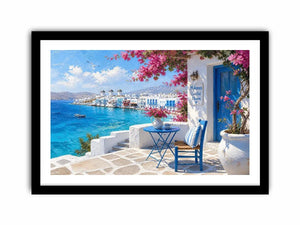 Mykonos coastal wall art with white Mediterranean architecture, turquoise ocean views, vibrant bougainvillea, and contemporary Greek island charm