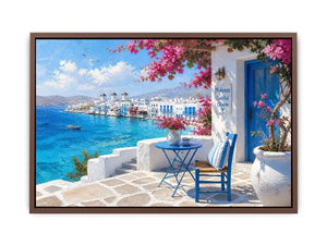 Mykonos coastal wall art with white Mediterranean architecture, turquoise ocean views, vibrant bougainvillea, and contemporary Greek island charm