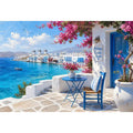 Mykonos coastal wall art with white Mediterranean architecture, turquoise ocean views, vibrant bougainvillea, and contemporary Greek island charm