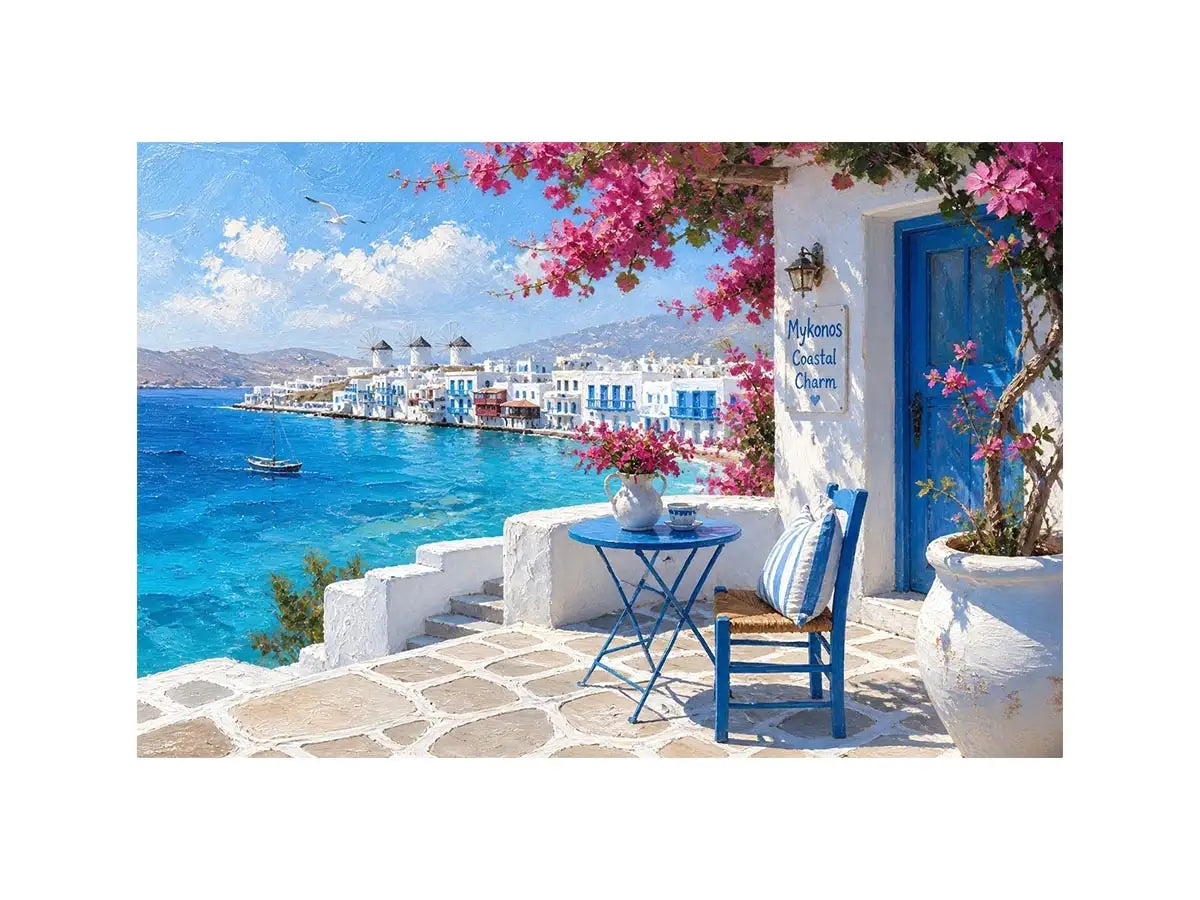 Mykonos coastal wall art with white Mediterranean architecture, turquoise ocean views, vibrant bougainvillea, and contemporary Greek island charm