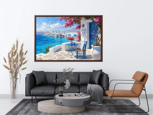 Mykonos coastal wall art with white Mediterranean architecture, turquoise ocean views, vibrant bougainvillea, and contemporary Greek island charm