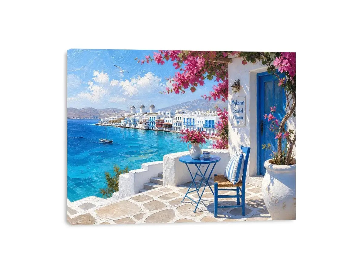 Mykonos coastal wall art with white Mediterranean architecture, turquoise ocean views, vibrant bougainvillea, and contemporary Greek island charm