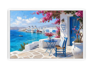 Mykonos coastal wall art with white Mediterranean architecture, turquoise ocean views, vibrant bougainvillea, and contemporary Greek island charm