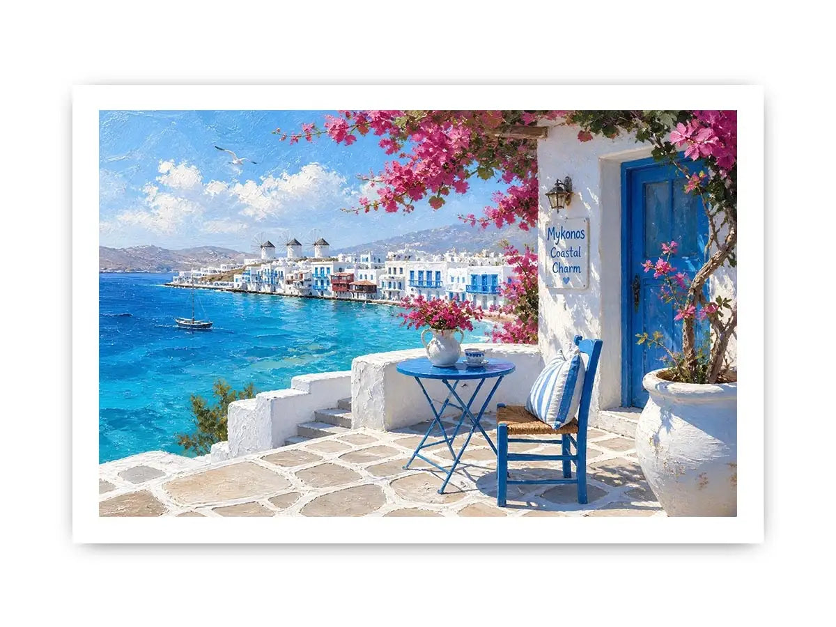 Mykonos coastal wall art with white Mediterranean architecture, turquoise ocean views, vibrant bougainvillea, and contemporary Greek island charm