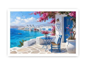 Mykonos coastal wall art with white Mediterranean architecture, turquoise ocean views, vibrant bougainvillea, and contemporary Greek island charm
