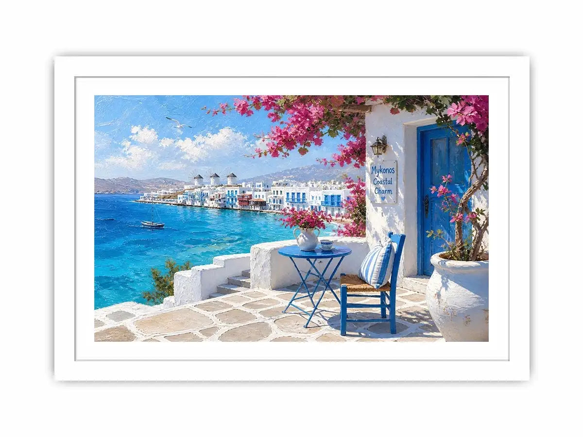Mykonos coastal wall art with white Mediterranean architecture, turquoise ocean views, vibrant bougainvillea, and contemporary Greek island charm
