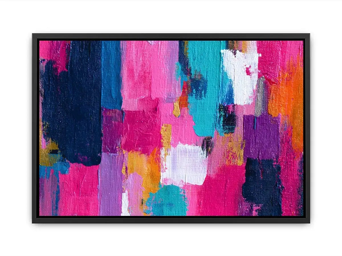 Vibrant abstract wall art with bold pink, turquoise, navy, lavender, and orange brushstrokes in a contemporary textured expressionist style