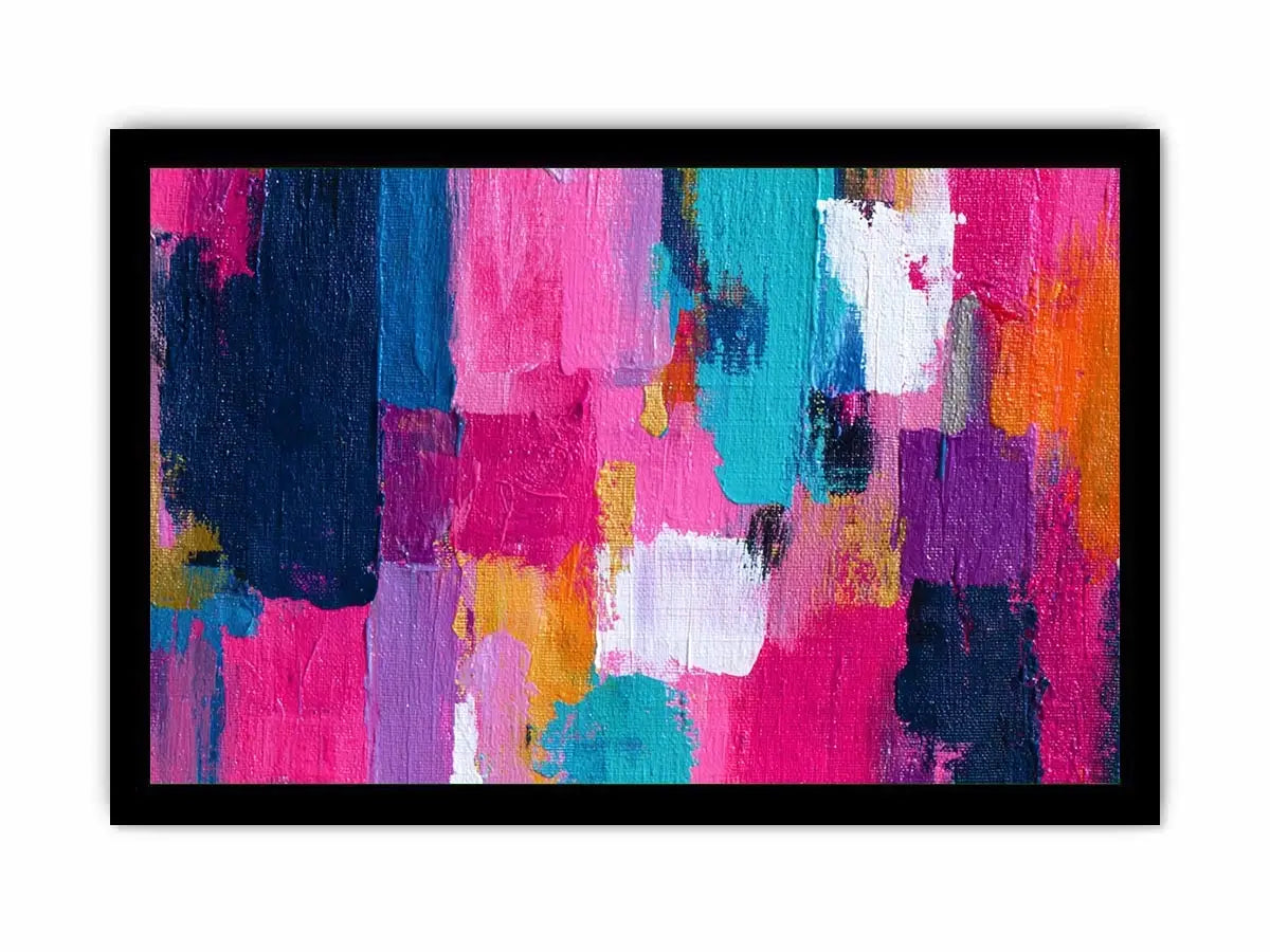 Vibrant abstract wall art with bold pink, turquoise, navy, lavender, and orange brushstrokes in a contemporary textured expressionist style