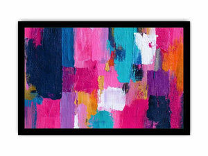 Vibrant abstract wall art with bold pink, turquoise, navy, lavender, and orange brushstrokes in a contemporary textured expressionist style