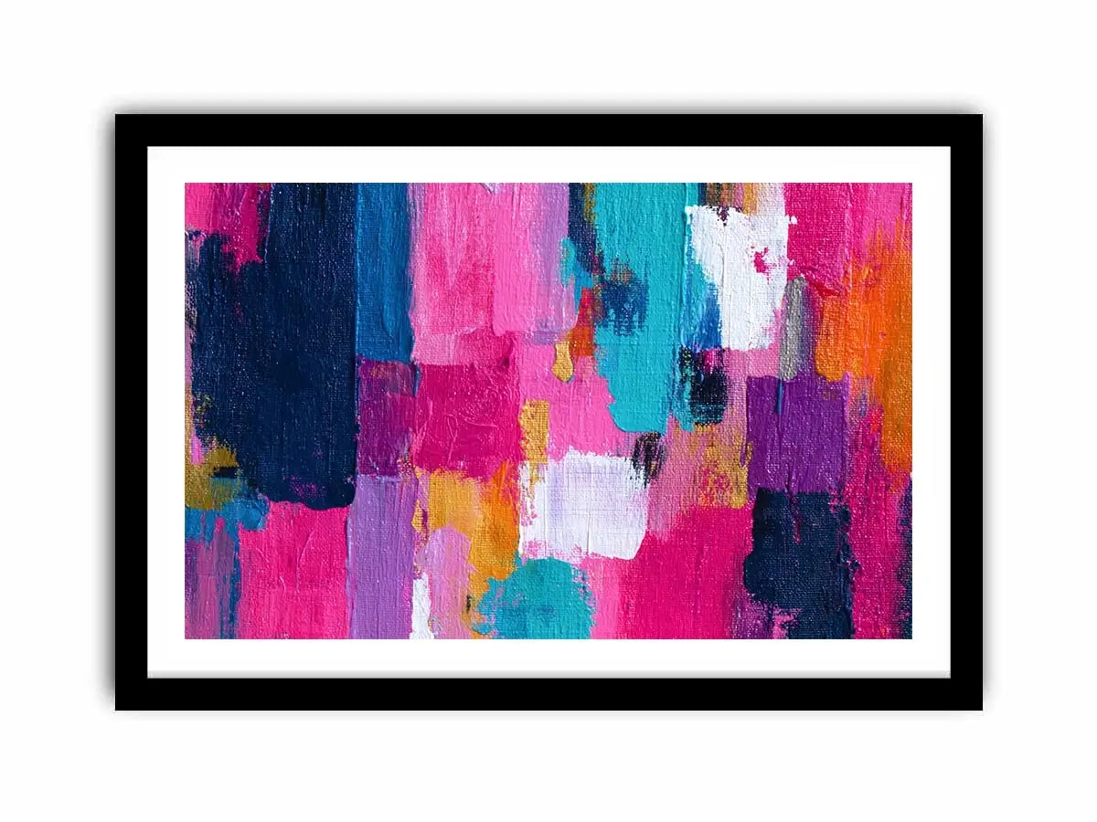 Vibrant abstract wall art with bold pink, turquoise, navy, lavender, and orange brushstrokes in a contemporary textured expressionist style