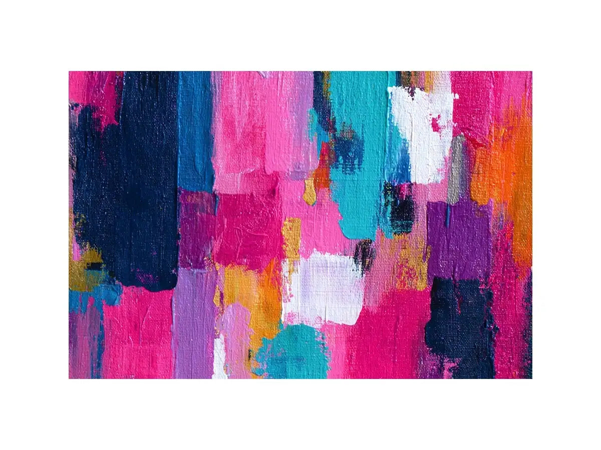 Vibrant abstract wall art with bold pink, turquoise, navy, lavender, and orange brushstrokes in a contemporary textured expressionist style