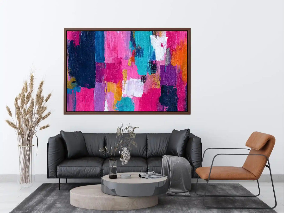 Vibrant abstract wall art with bold pink, turquoise, navy, lavender, and orange brushstrokes in a contemporary textured expressionist style
