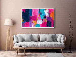 Vibrant abstract wall art with bold pink, turquoise, navy, lavender, and orange brushstrokes in a contemporary textured expressionist style