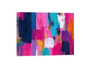Vibrant abstract wall art with bold pink, turquoise, navy, lavender, and orange brushstrokes in a contemporary textured expressionist style