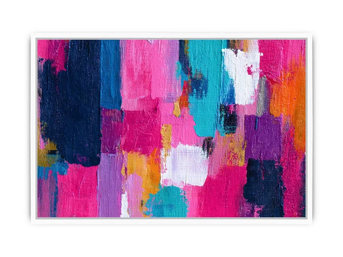 Vibrant abstract wall art with bold pink, turquoise, navy, lavender, and orange brushstrokes in a contemporary textured expressionist style