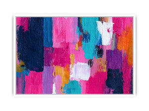 Vibrant abstract wall art with bold pink, turquoise, navy, lavender, and orange brushstrokes in a contemporary textured expressionist style
