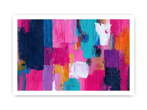 Vibrant abstract wall art with bold pink, turquoise, navy, lavender, and orange brushstrokes in a contemporary textured expressionist style