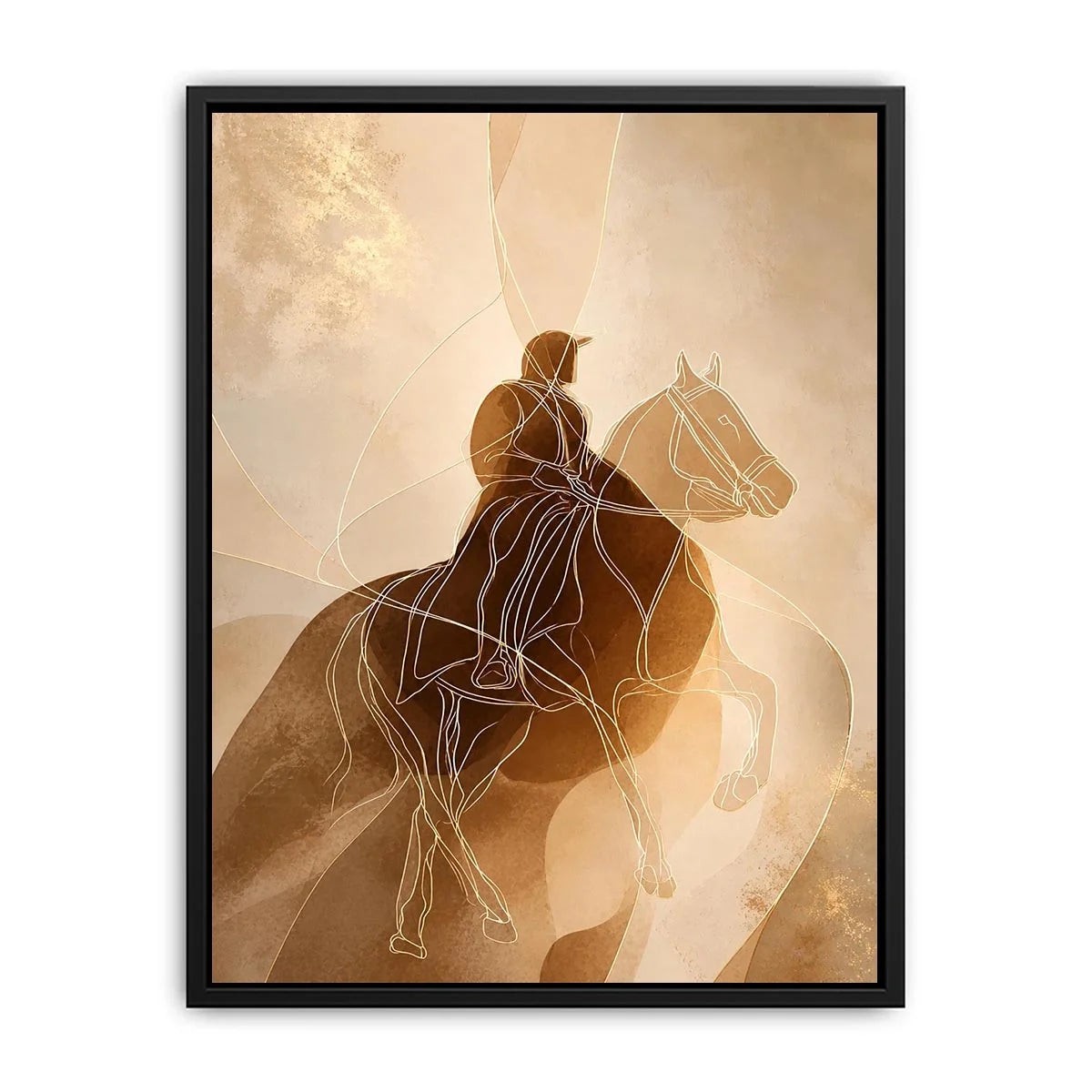 Minimalist equestrian wall art featuring abstract line drawing of a horseback rider in warm neutral beige and contemporary modern style