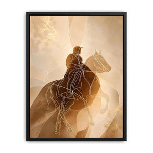 Minimalist equestrian wall art featuring abstract line drawing of a horseback rider in warm neutral beige and contemporary modern style