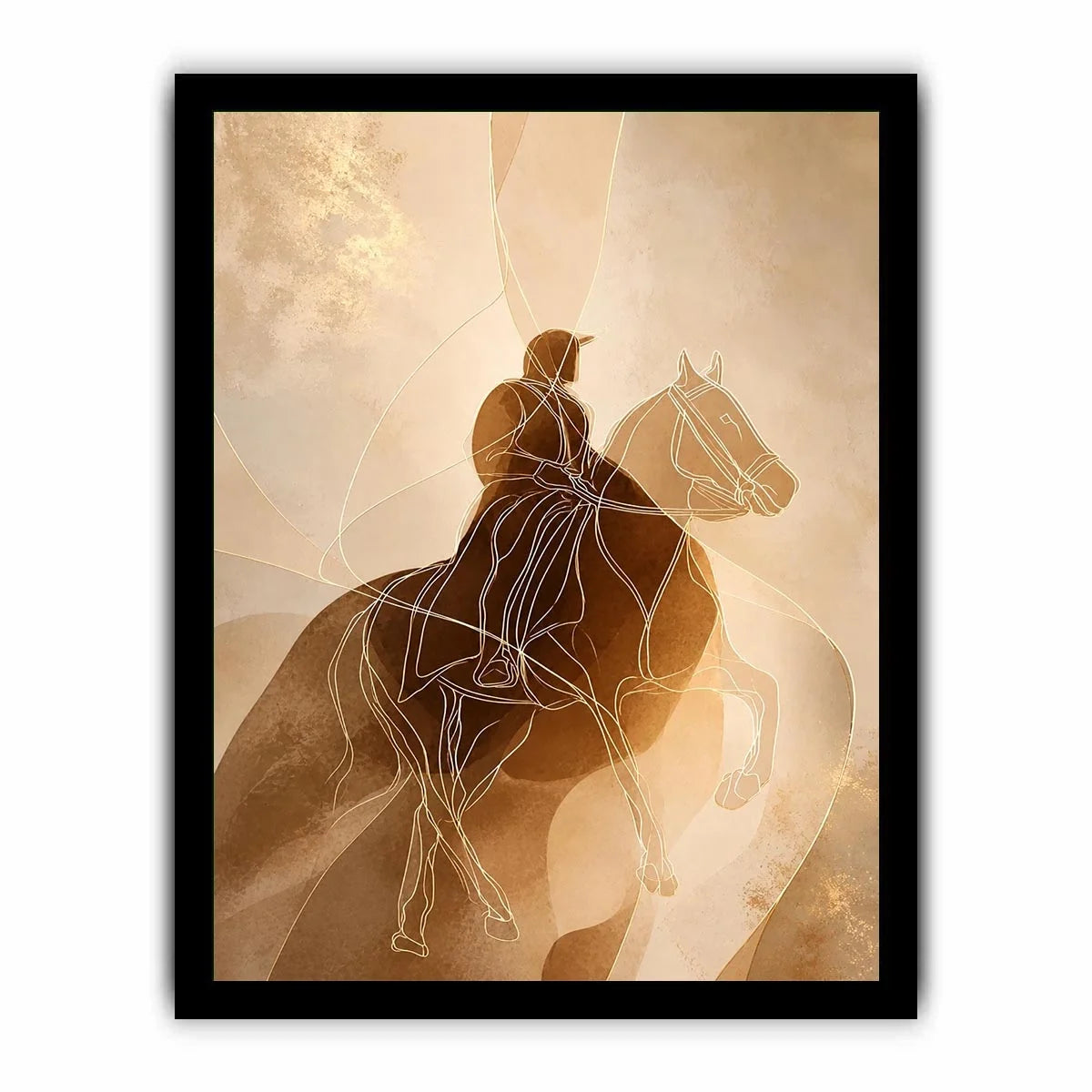 Minimalist equestrian wall art featuring abstract line drawing of a horseback rider in warm neutral beige and contemporary modern style