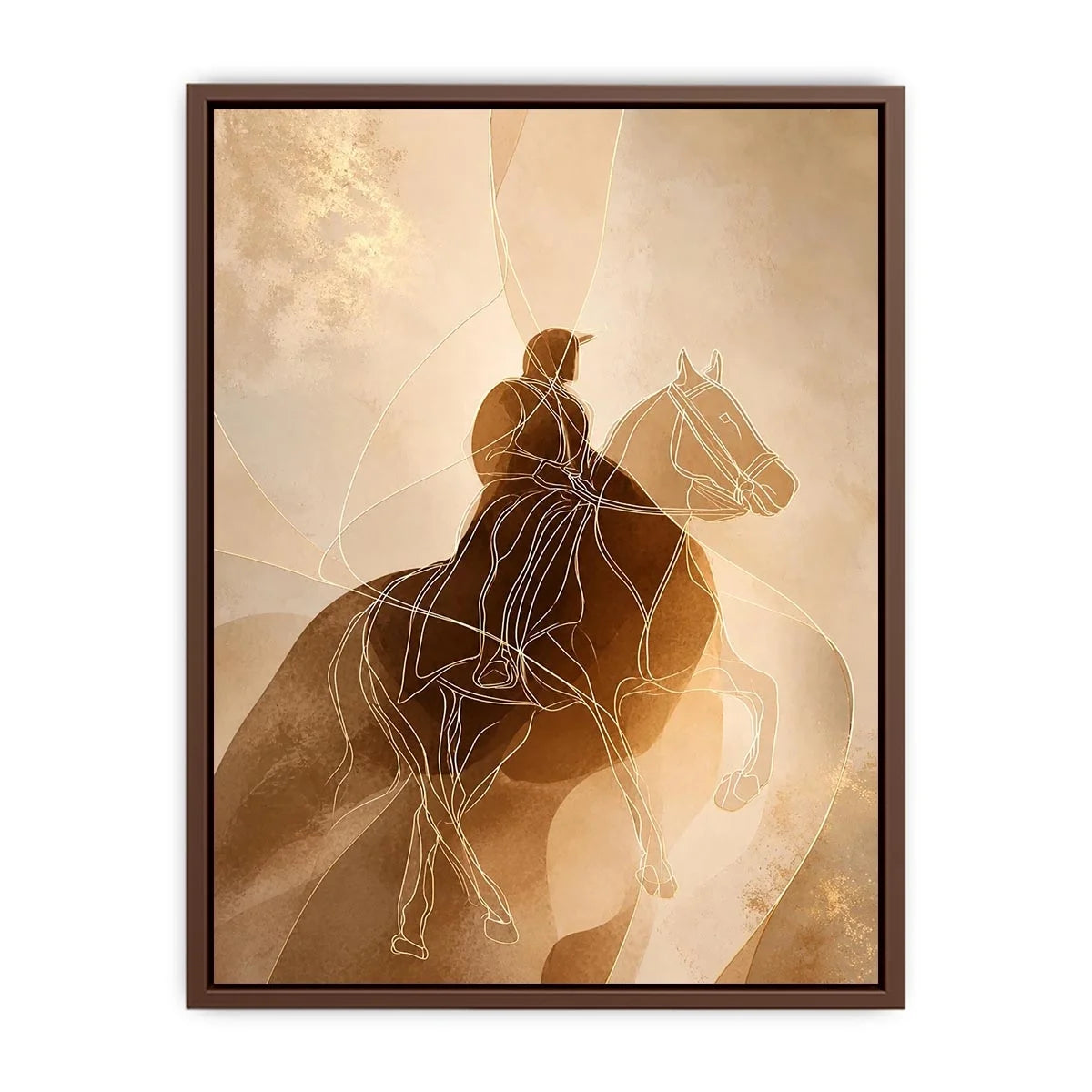 Minimalist equestrian wall art featuring abstract line drawing of a horseback rider in warm neutral beige and contemporary modern style