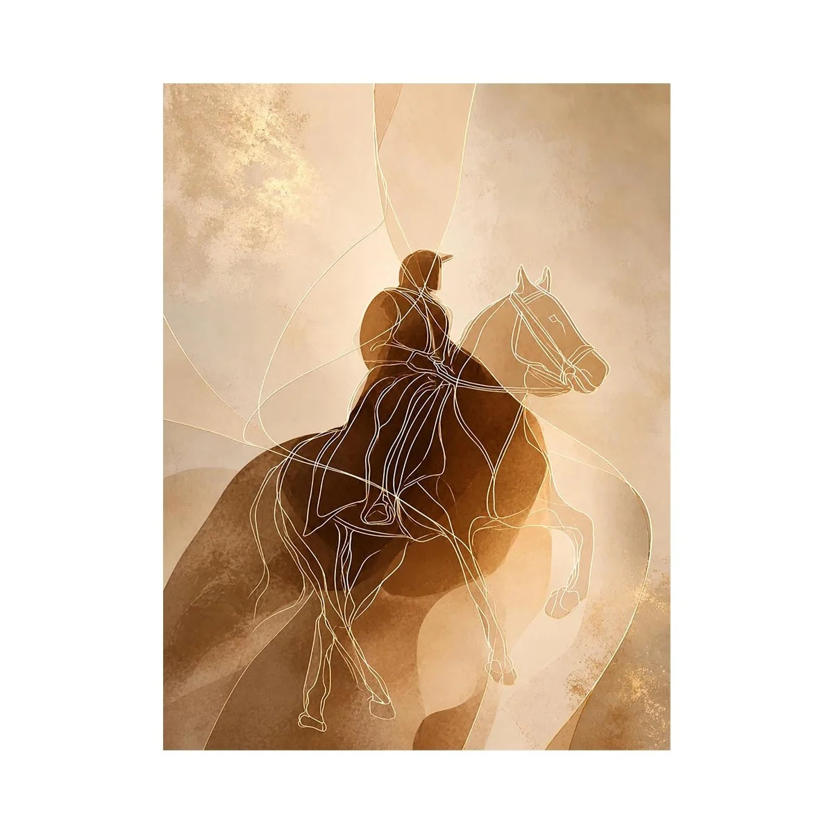 Minimalist equestrian wall art featuring abstract line drawing of a horseback rider in warm neutral beige and contemporary modern style