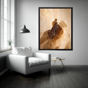 Minimalist equestrian wall art featuring abstract line drawing of a horseback rider in warm neutral beige and contemporary modern style