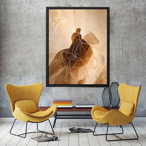 Minimalist equestrian wall art featuring abstract line drawing of a horseback rider in warm neutral beige and contemporary modern style