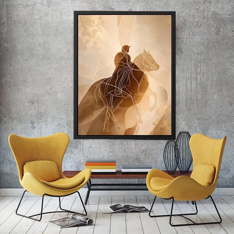 Minimalist equestrian wall art featuring abstract line drawing of a horseback rider in warm neutral beige and contemporary modern style