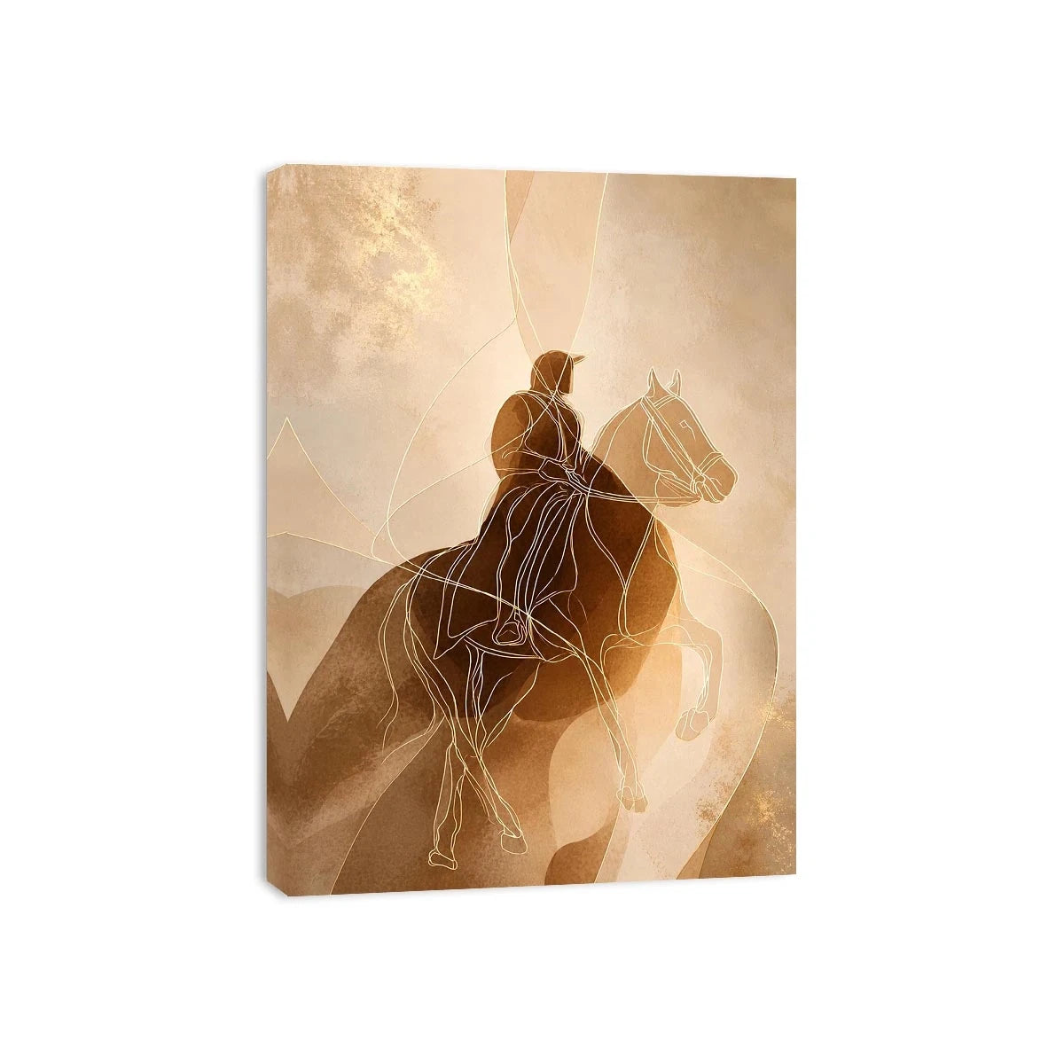 Minimalist equestrian wall art featuring abstract line drawing of a horseback rider in warm neutral beige and contemporary modern style
