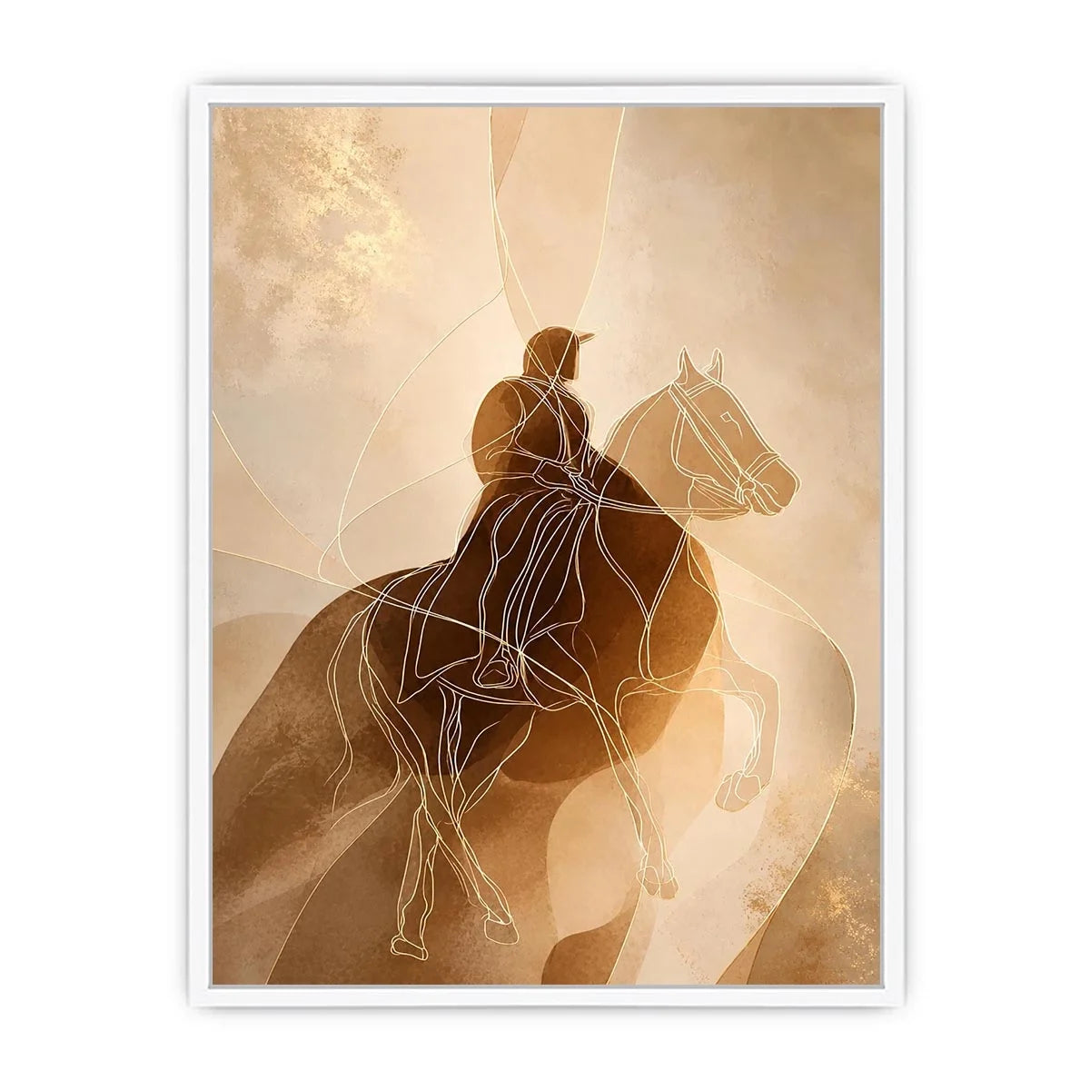 Minimalist equestrian wall art featuring abstract line drawing of a horseback rider in warm neutral beige and contemporary modern style