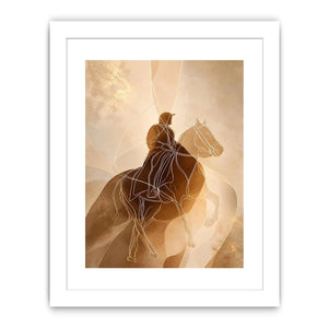 Minimalist equestrian wall art featuring abstract line drawing of a horseback rider in warm neutral beige and contemporary modern style
