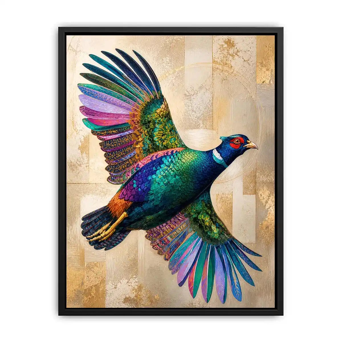 Colorful pheasant wall art featuring iridescent jewel toned feathers and contemporary wildlife design with luxurious textured detailing
