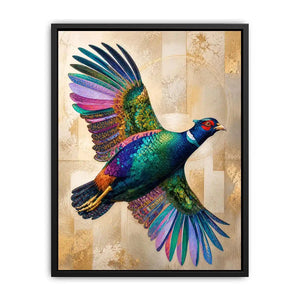 Colorful pheasant wall art featuring iridescent jewel toned feathers and contemporary wildlife design with luxurious textured detailing