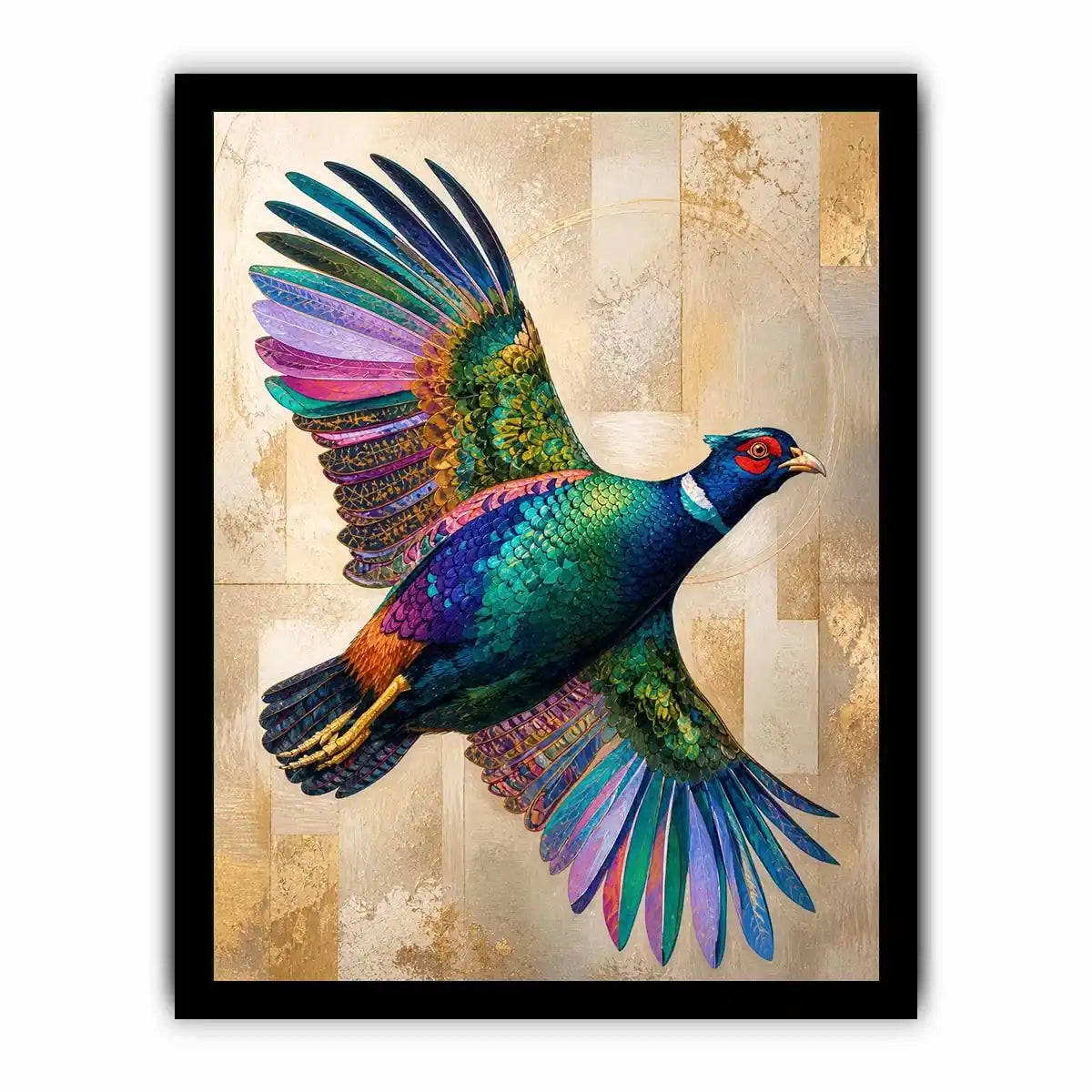 Colorful pheasant wall art featuring iridescent jewel toned feathers and contemporary wildlife design with luxurious textured detailing