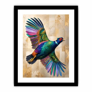 Colorful pheasant wall art featuring iridescent jewel toned feathers and contemporary wildlife design with luxurious textured detailing