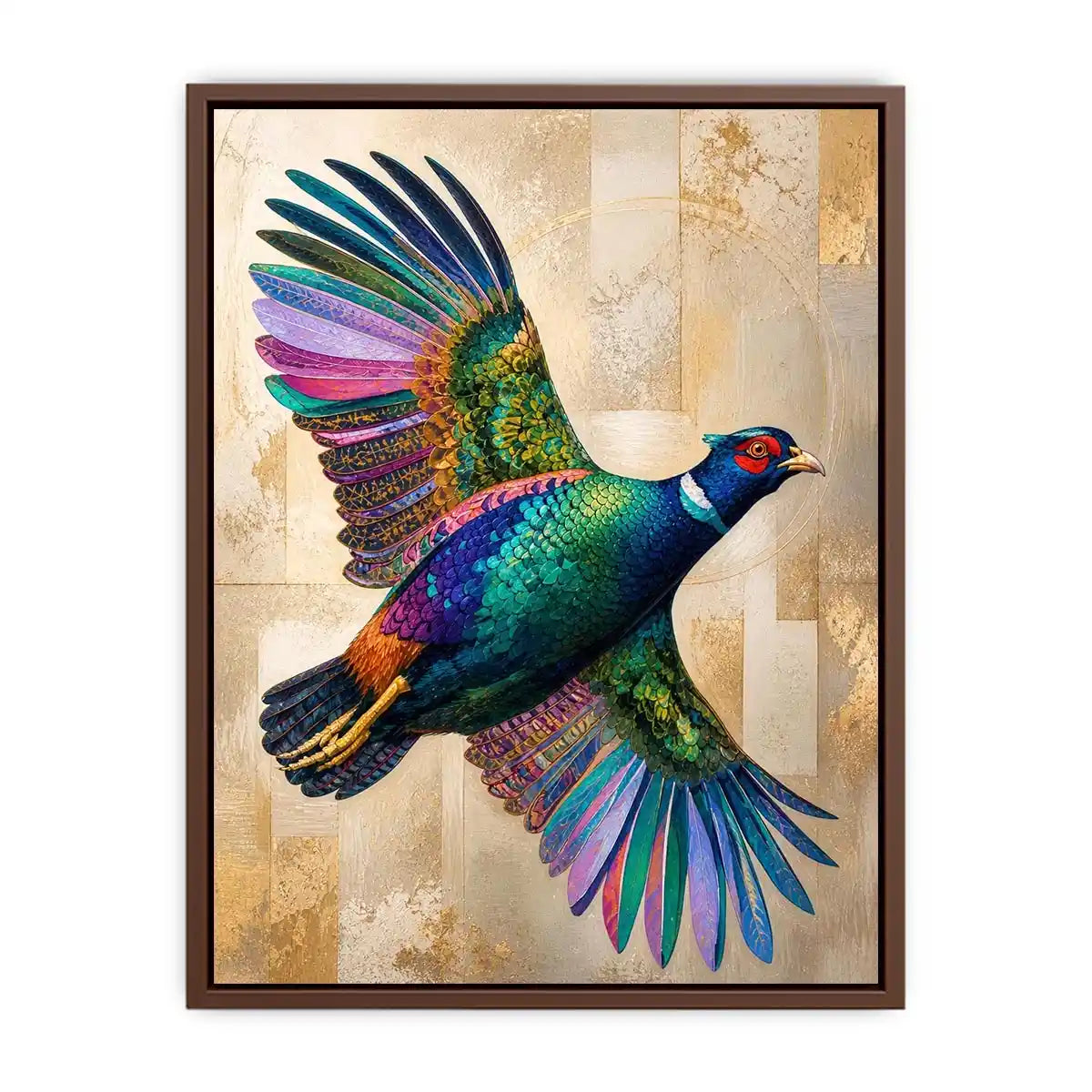 Colorful pheasant wall art featuring iridescent jewel toned feathers and contemporary wildlife design with luxurious textured detailing