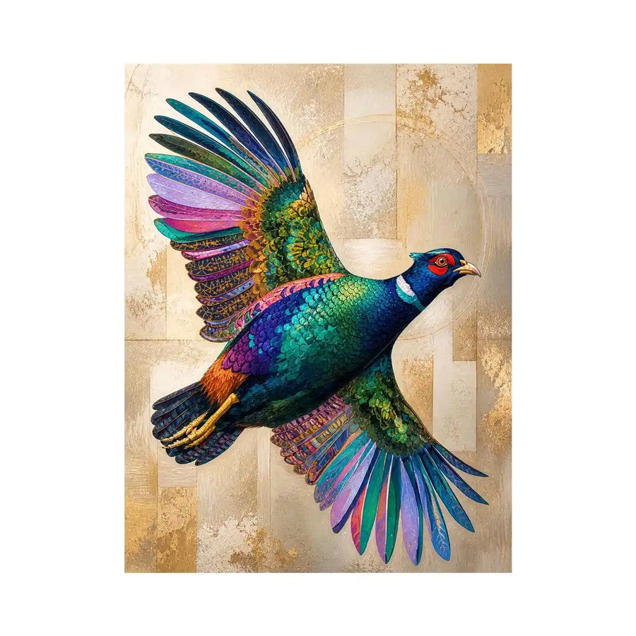 Colorful pheasant wall art featuring iridescent jewel toned feathers and contemporary wildlife design with luxurious textured detailing