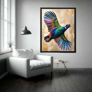 Colorful pheasant wall art featuring iridescent jewel toned feathers and contemporary wildlife design with luxurious textured detailing