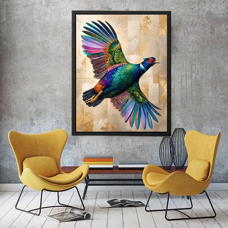 Colorful pheasant wall art featuring iridescent jewel toned feathers and contemporary wildlife design with luxurious textured detailing