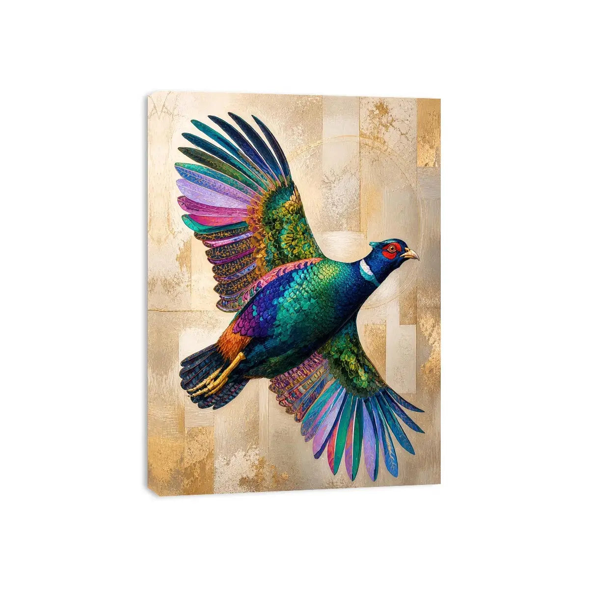 Colorful pheasant wall art featuring iridescent jewel toned feathers and contemporary wildlife design with luxurious textured detailing
