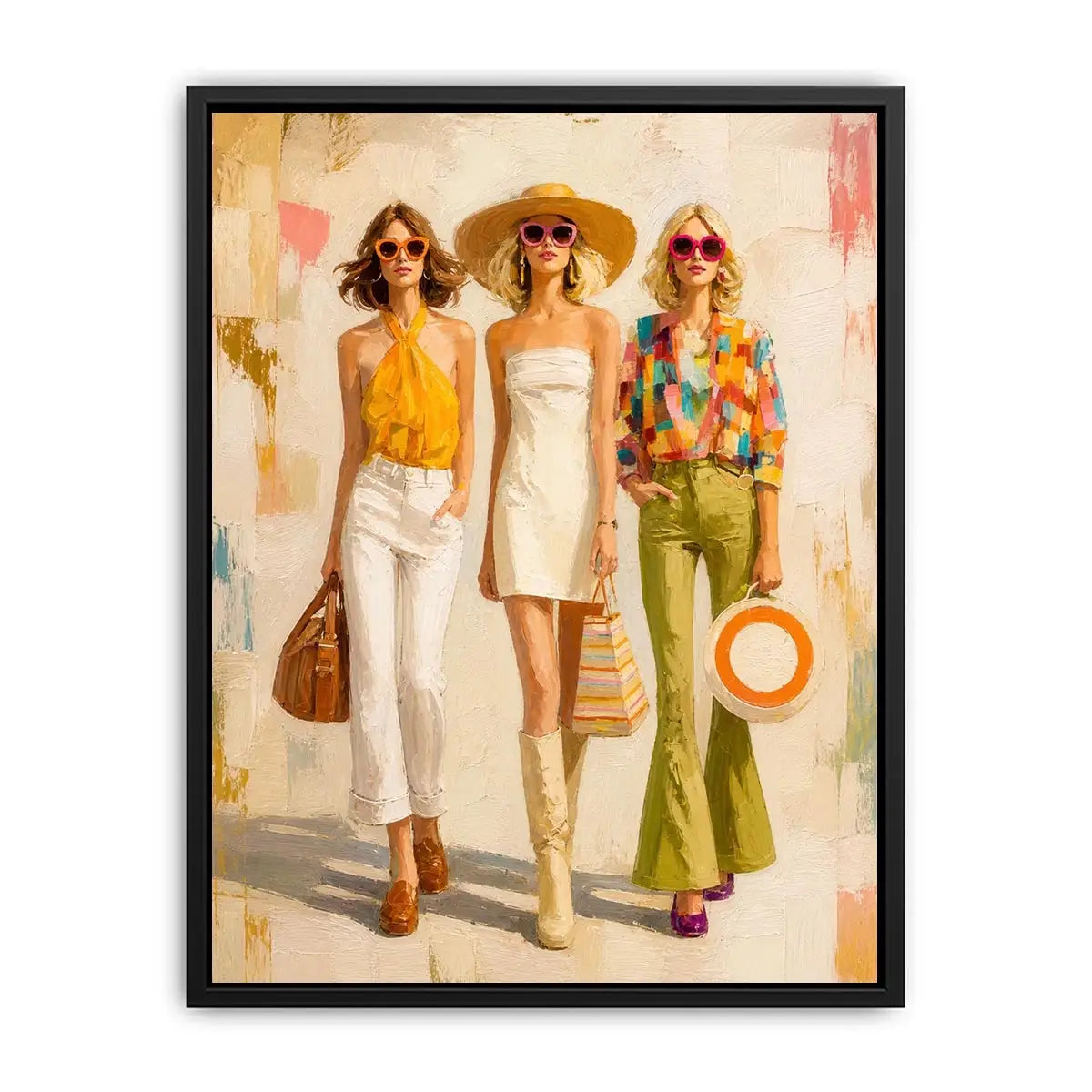 Contemporary fashion wall art featuring stylish women in colorful designer inspired outfits with expressive painterly textures and chic luxury aesthetics