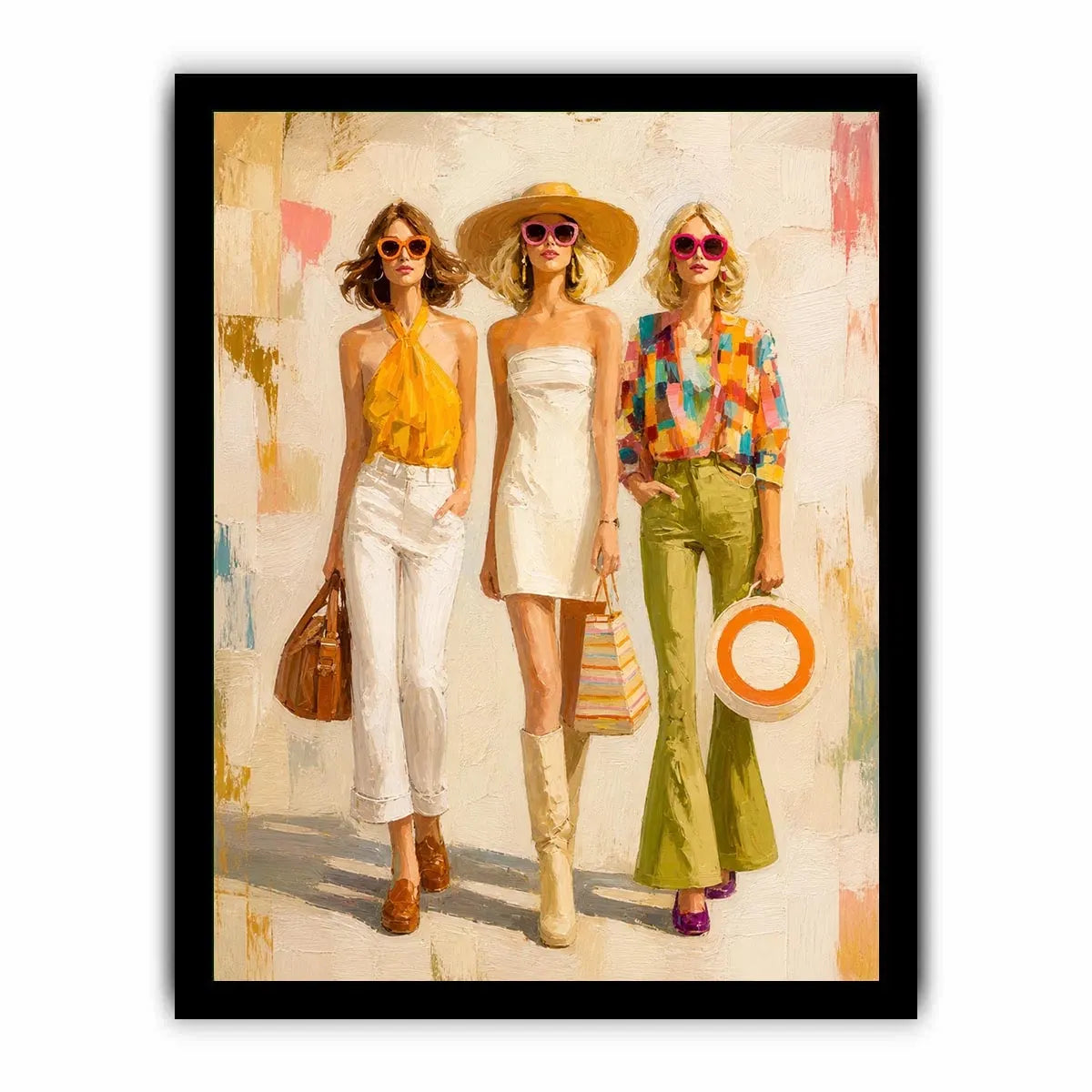 Contemporary fashion wall art featuring stylish women in colorful designer inspired outfits with expressive painterly textures and chic luxury aesthetics