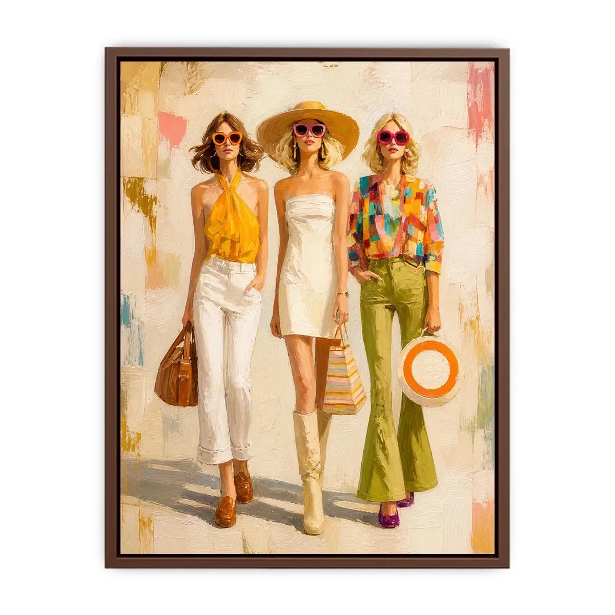 Contemporary fashion wall art featuring stylish women in colorful designer inspired outfits with expressive painterly textures and chic luxury aesthetics