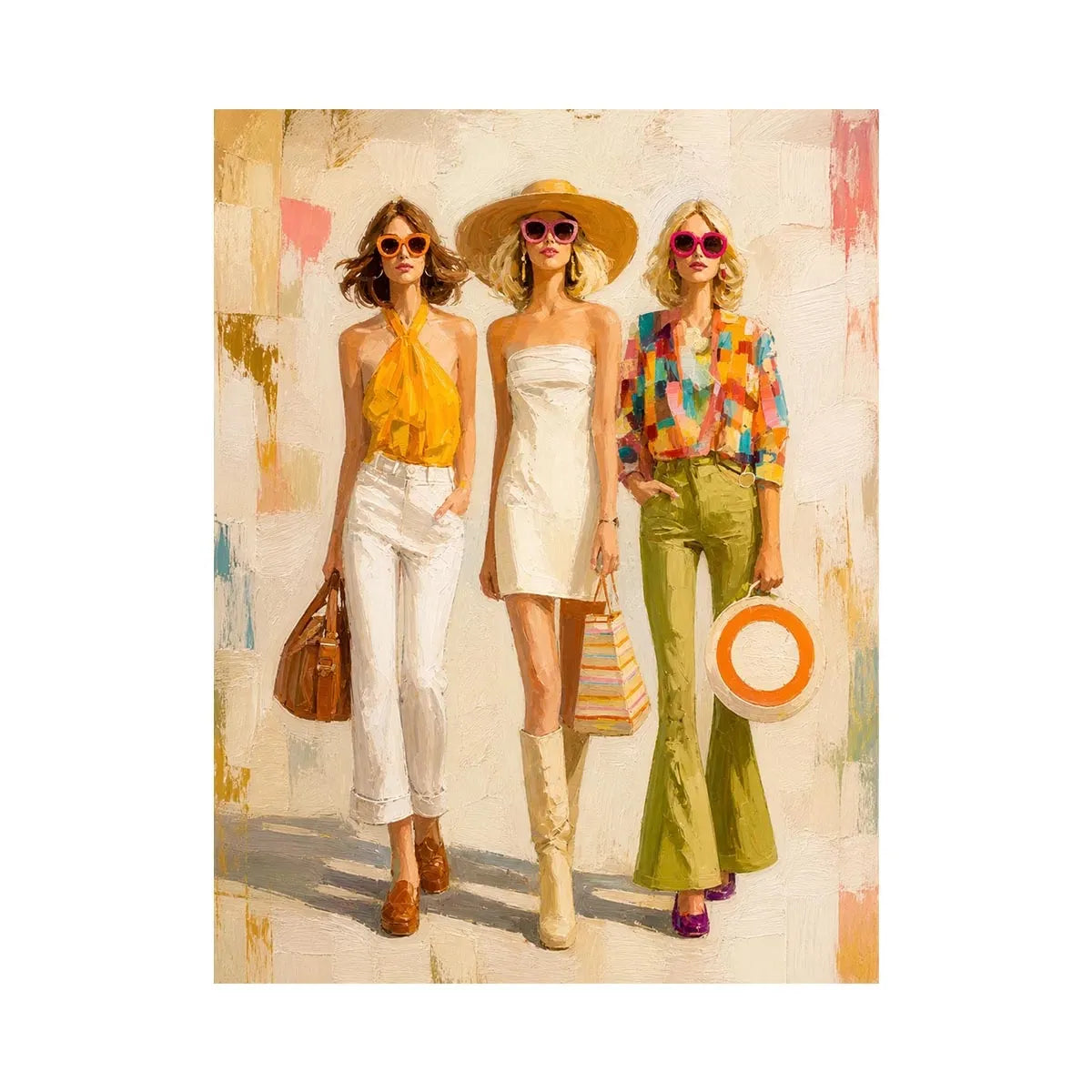 Contemporary fashion wall art featuring stylish women in colorful designer inspired outfits with expressive painterly textures and chic luxury aesthetics