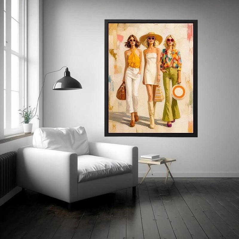 Contemporary fashion wall art featuring stylish women in colorful designer inspired outfits with expressive painterly textures and chic luxury aesthetics